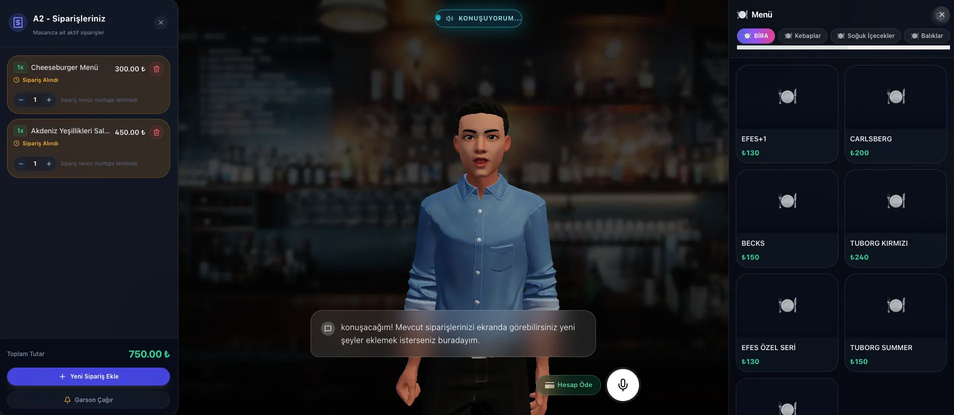 Siray AI Waiter sipariş ekranı — konuşmalı asistan, menü ve sipariş paneli